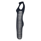 Women's Black and White Bandage Dress - Sleeveless High Neck Bodycon Midi Dress