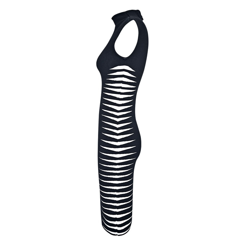 Women's Black and White Bandage Dress - Sleeveless High Neck Bodycon Midi Dress