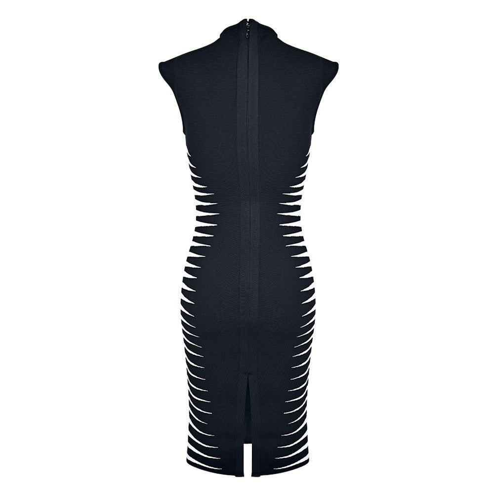Women's Black and White Bandage Dress - Sleeveless High Neck Bodycon Midi Dress