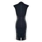 Women's Black and White Bandage Dress - Sleeveless High Neck Bodycon Midi Dress