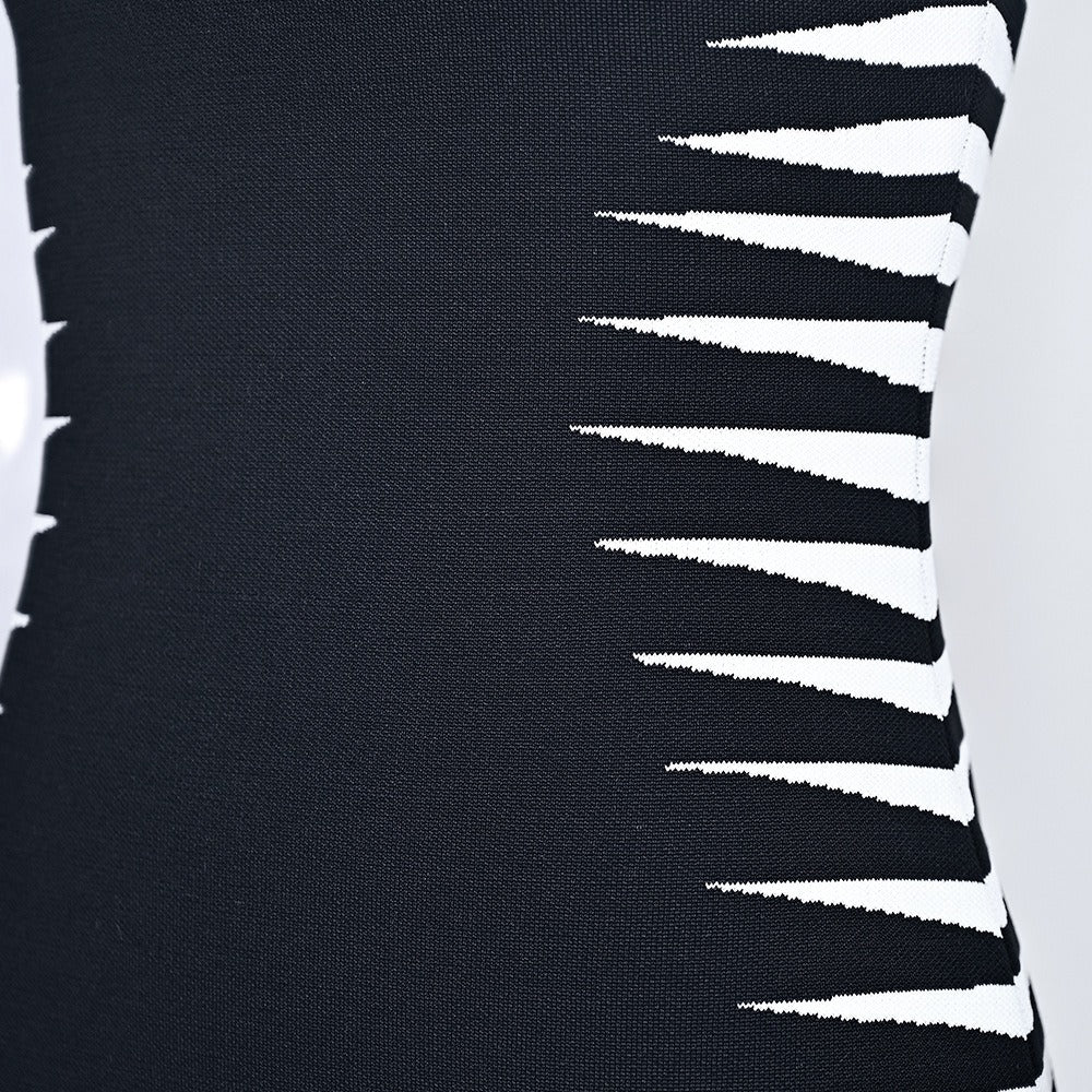 Women's Black and White Bandage Dress - Sleeveless High Neck Bodycon Midi Dress
