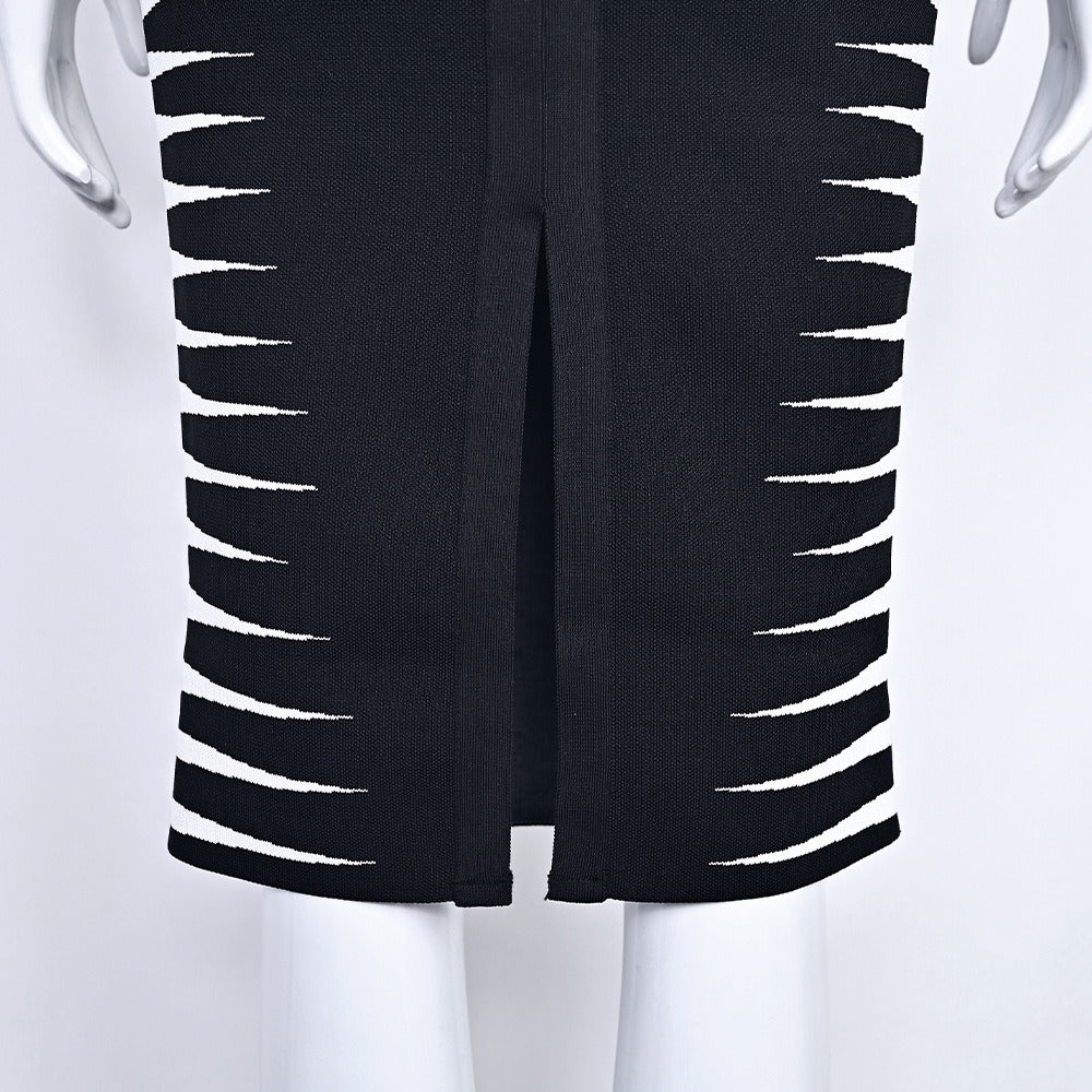 Women's Black and White Bandage Dress - Sleeveless High Neck Bodycon Midi Dress