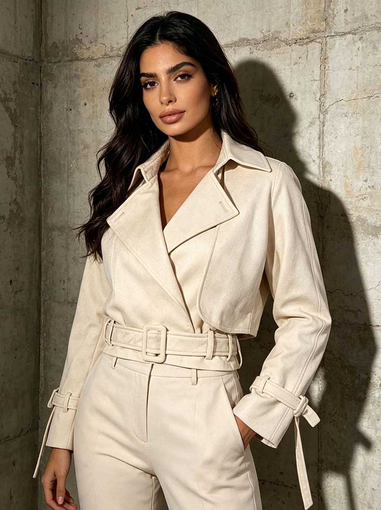 Women’s Cropped Trench Jacket | Belted Lapel Short Coat with Buckle Cuffs - Styeenigma