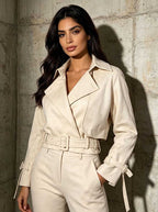 Women’s Cropped Trench Jacket | Belted Lapel Short Coat with Buckle Cuffs - Styeenigma
