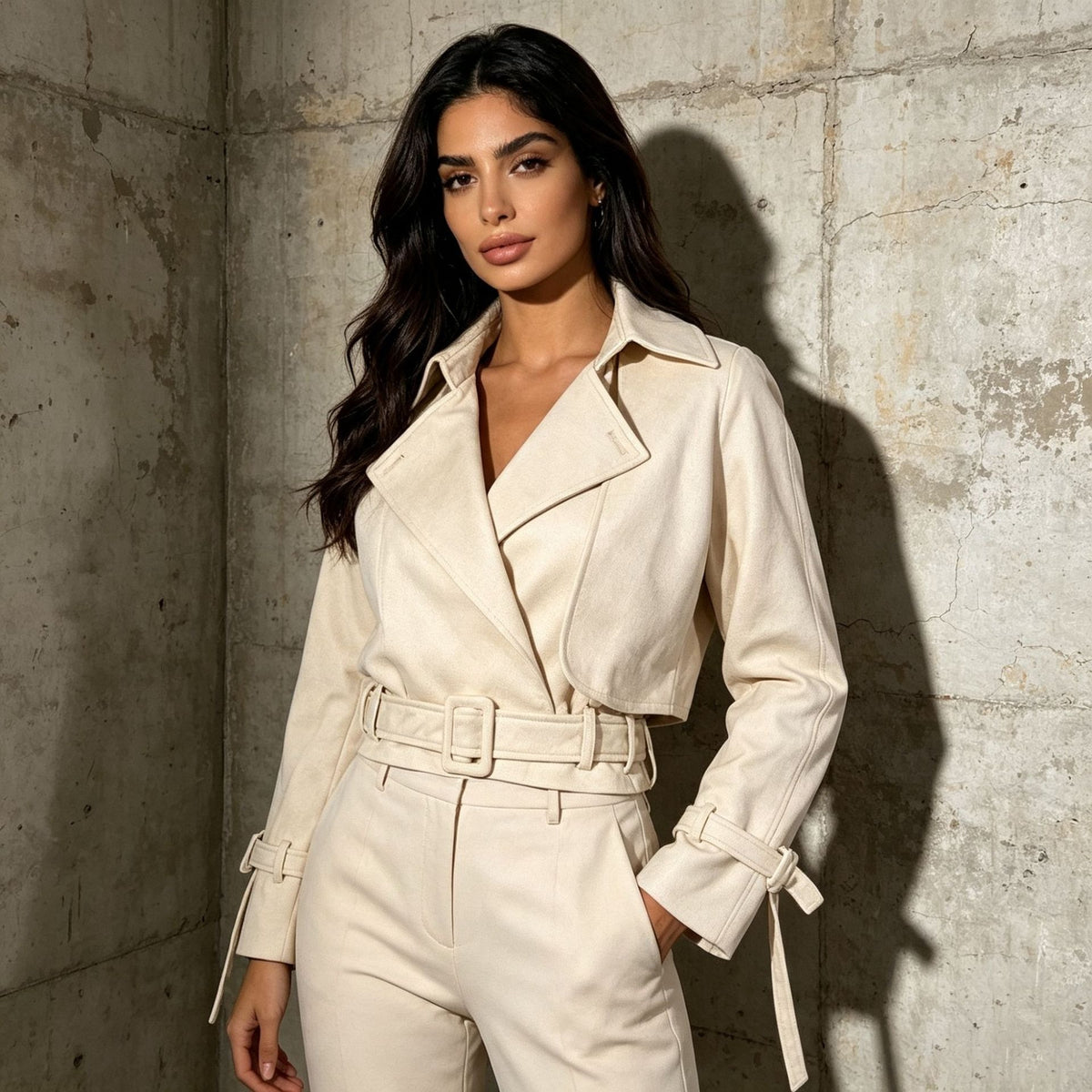 Women’s Cropped Trench Jacket | Belted Lapel Short Coat with Buckle Cuffs - Styeenigma