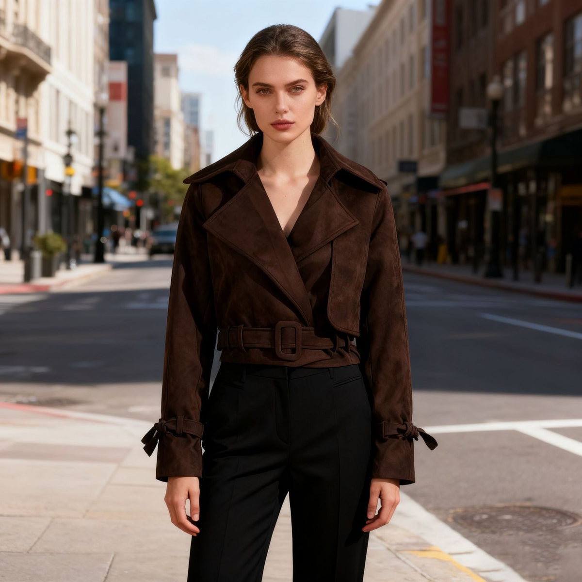 Women’s Cropped Trench Jacket | Belted Lapel Short Coat with Buckle Cuffs - Styeenigma
