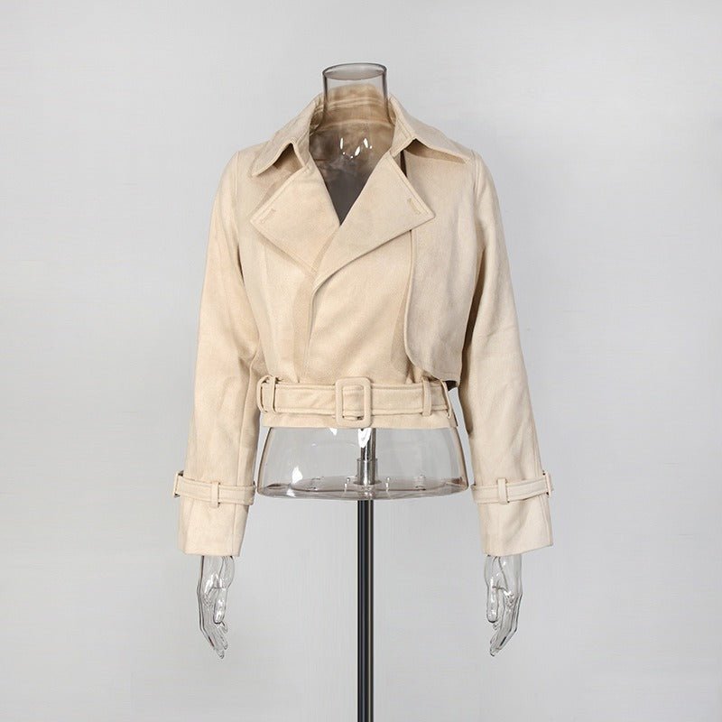 Women’s Cropped Trench Jacket | Belted Lapel Short Coat with Buckle Cuffs - Styeenigma