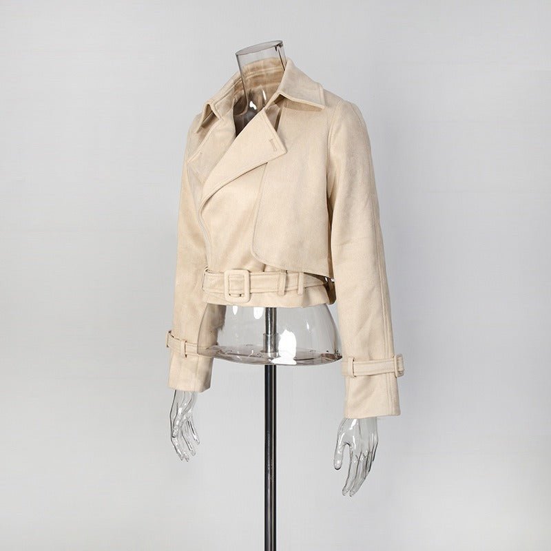 Women’s Cropped Trench Jacket | Belted Lapel Short Coat with Buckle Cuffs - Styeenigma