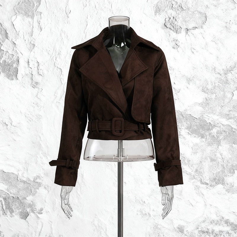 Women’s Cropped Trench Jacket | Belted Lapel Short Coat with Buckle Cuffs - Styeenigma