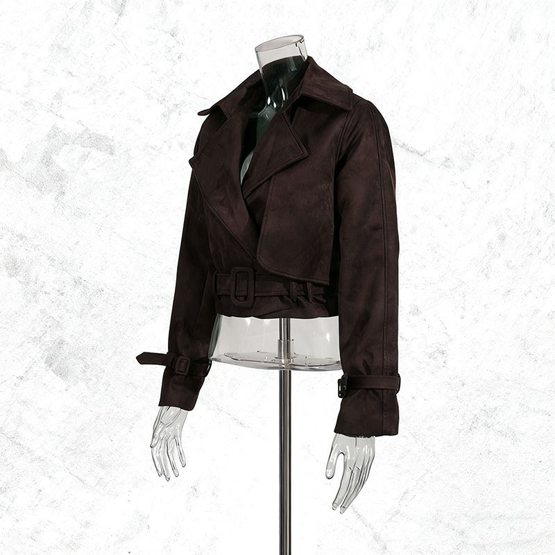 Women’s Cropped Trench Jacket | Belted Lapel Short Coat with Buckle Cuffs - Styeenigma