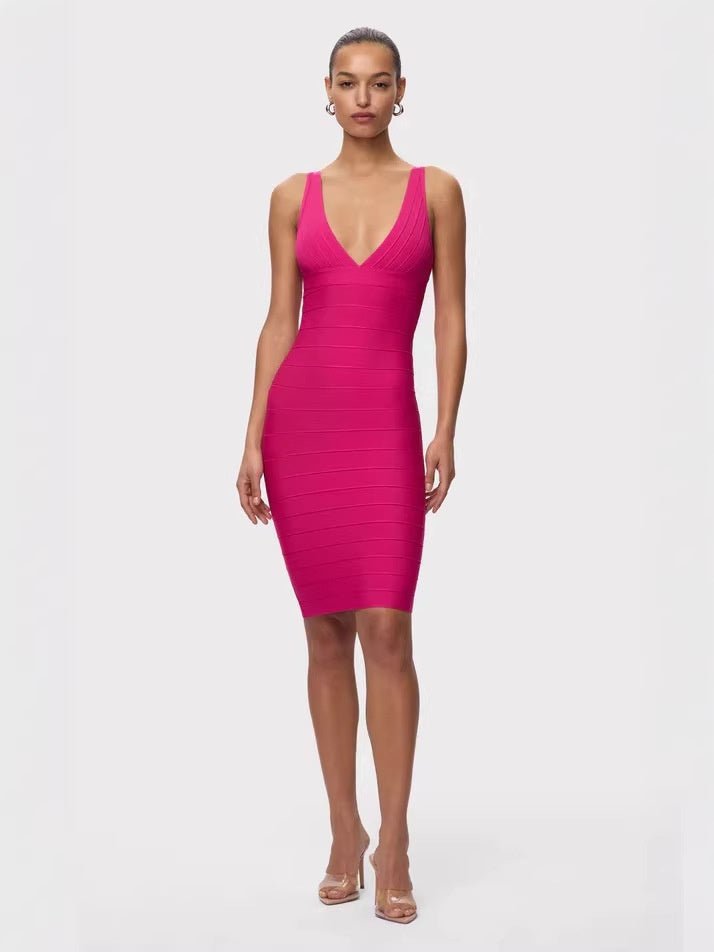V-Neck Sleeveless Bandage Bodycon Dress | Women's Stretch Cocktail Party Midi Dress - Styeenigma