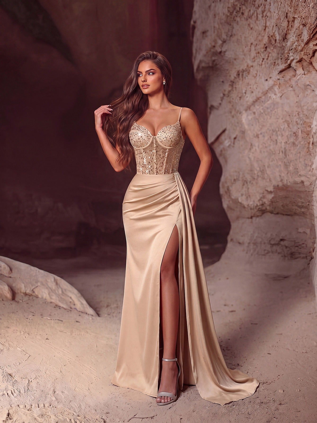 Women's Evening Gown - Sleeveless Sequin Bodice & Satin High Slit Maxi Dress for Party - Styeenigma