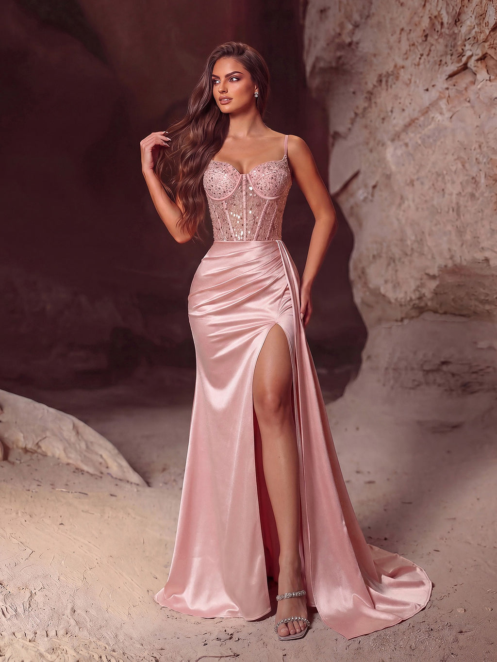 Women's Evening Gown - Sleeveless Sequin Bodice & Satin High Slit Maxi Dress for Party - Styeenigma