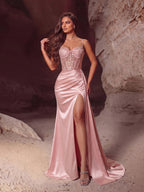 Women's Evening Gown - Sleeveless Sequin Bodice & Satin High Slit Maxi Dress for Party - Styeenigma