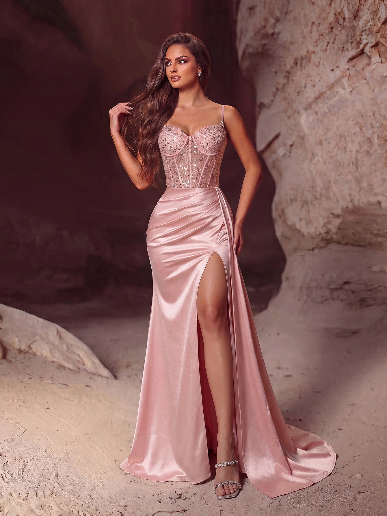 Women's Evening Gown - Sleeveless Sequin Bodice & Satin High Slit Maxi Dress for Party - Styeenigma