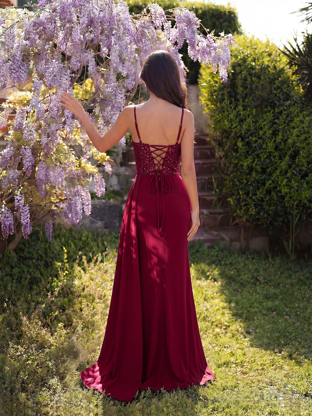 Women's Evening Gown - Sleeveless Sequin Bodice & Satin High Slit Maxi Dress for Party - Styeenigma