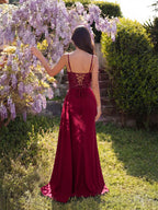 Women's Evening Gown - Sleeveless Sequin Bodice & Satin High Slit Maxi Dress for Party - Styeenigma