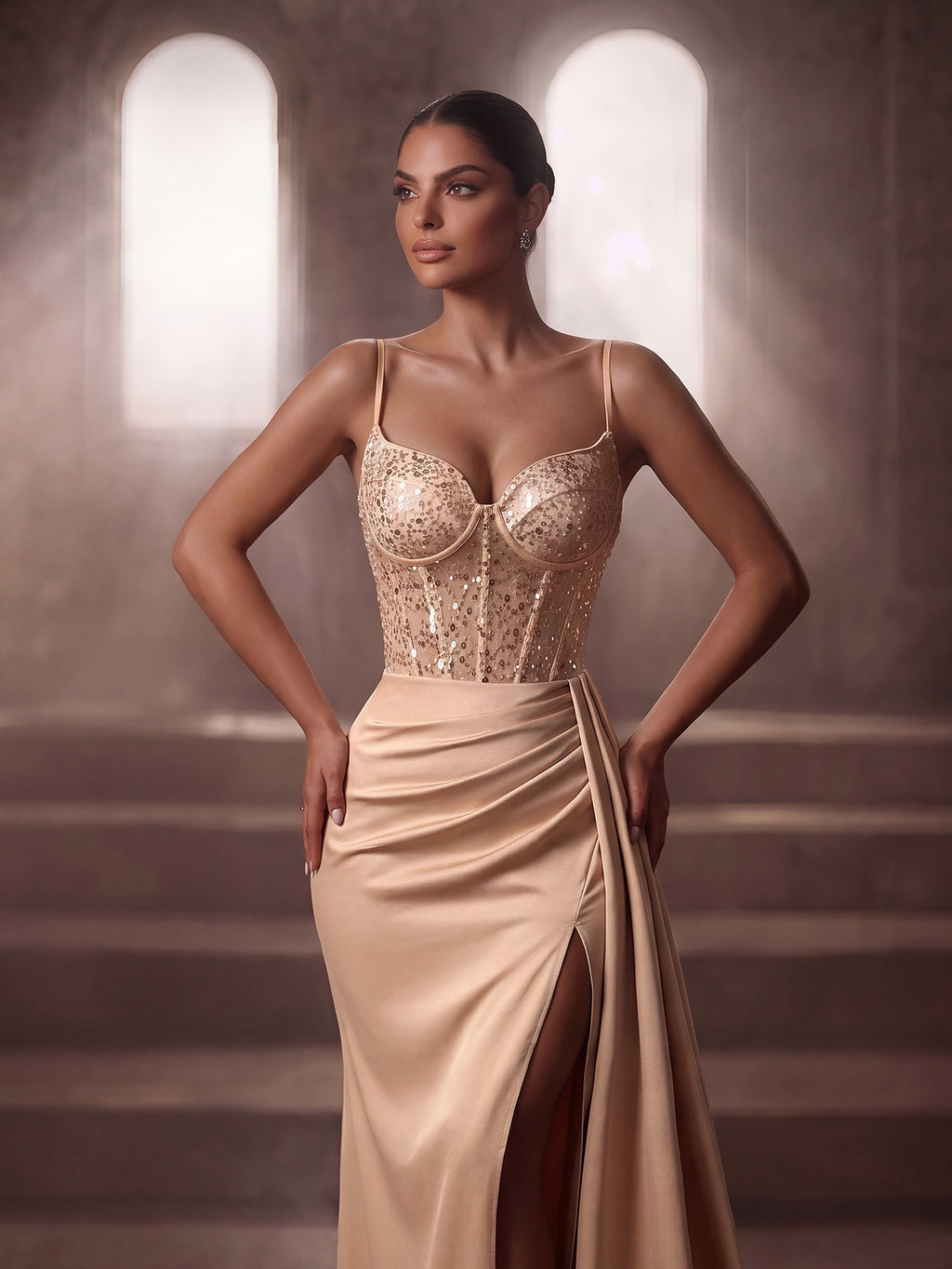 Women's Evening Gown - Sleeveless Sequin Bodice & Satin High Slit Maxi Dress for Party - Styeenigma
