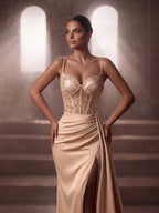 Women's Evening Gown - Sleeveless Sequin Bodice & Satin High Slit Maxi Dress for Party - Styeenigma