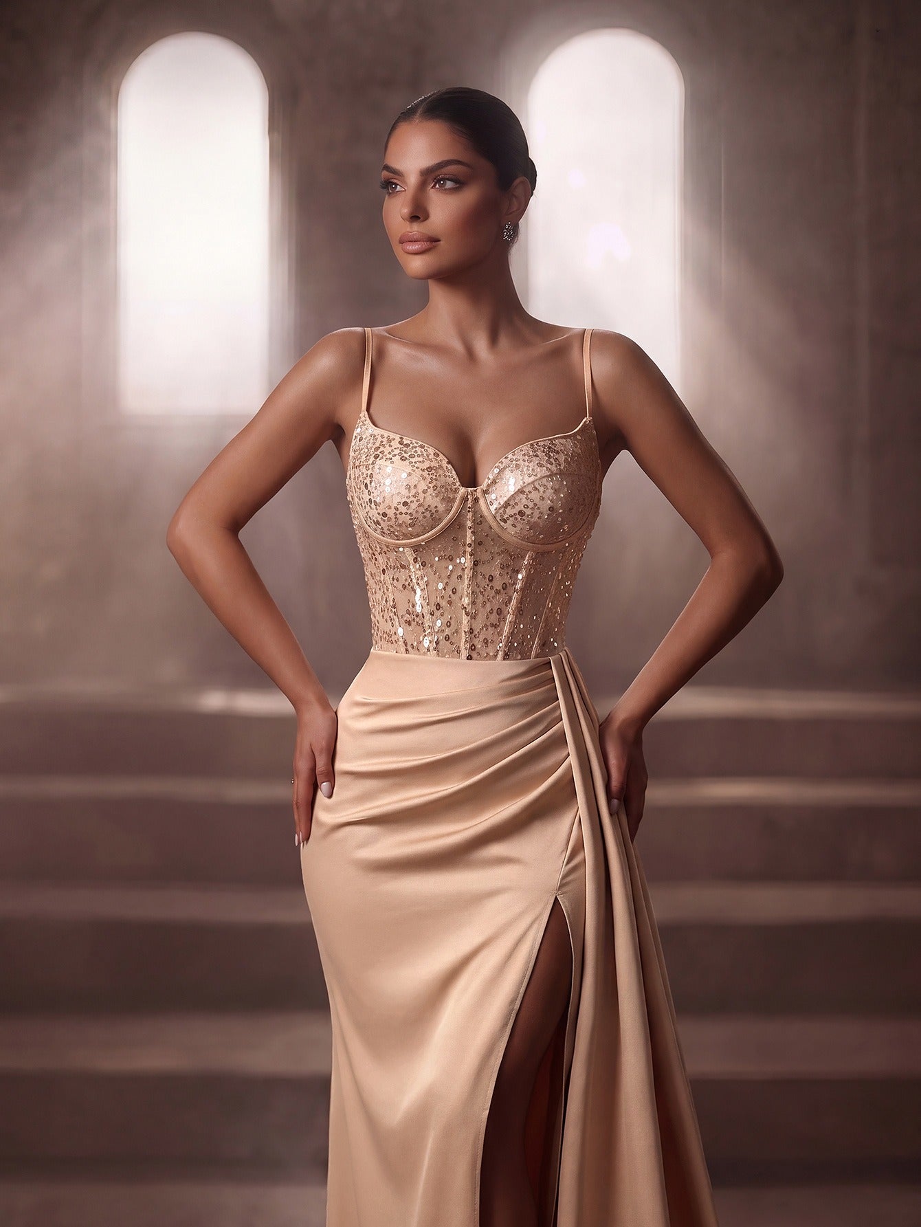 Women's Evening Gown - Sleeveless Sequin Bodice & Satin High Slit Maxi Dress for Party - Styeenigma
