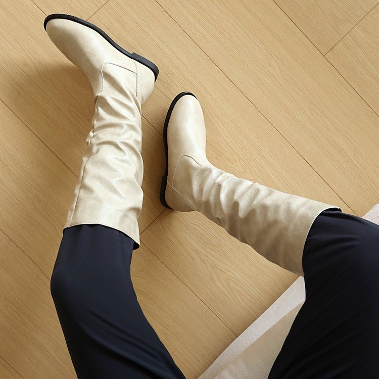 Women's Flat Knee High Boots Slouchy Faux Leather Boots - Styeenigma