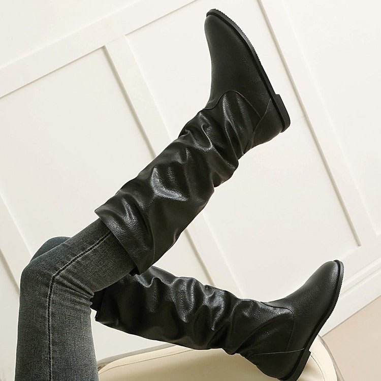 Women's Flat Knee High Boots Slouchy Faux Leather Boots - Styeenigma