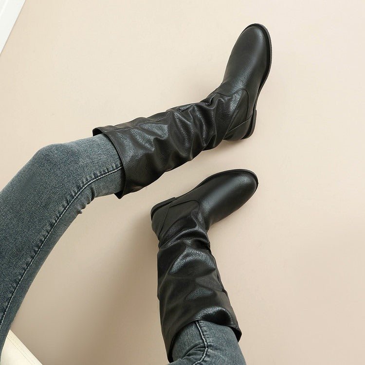 Women's Flat Knee High Boots Slouchy Faux Leather Boots - Styeenigma