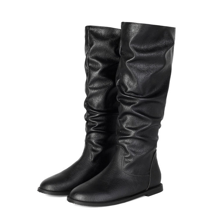 Women's Flat Knee High Boots Slouchy Faux Leather Boots - Styeenigma