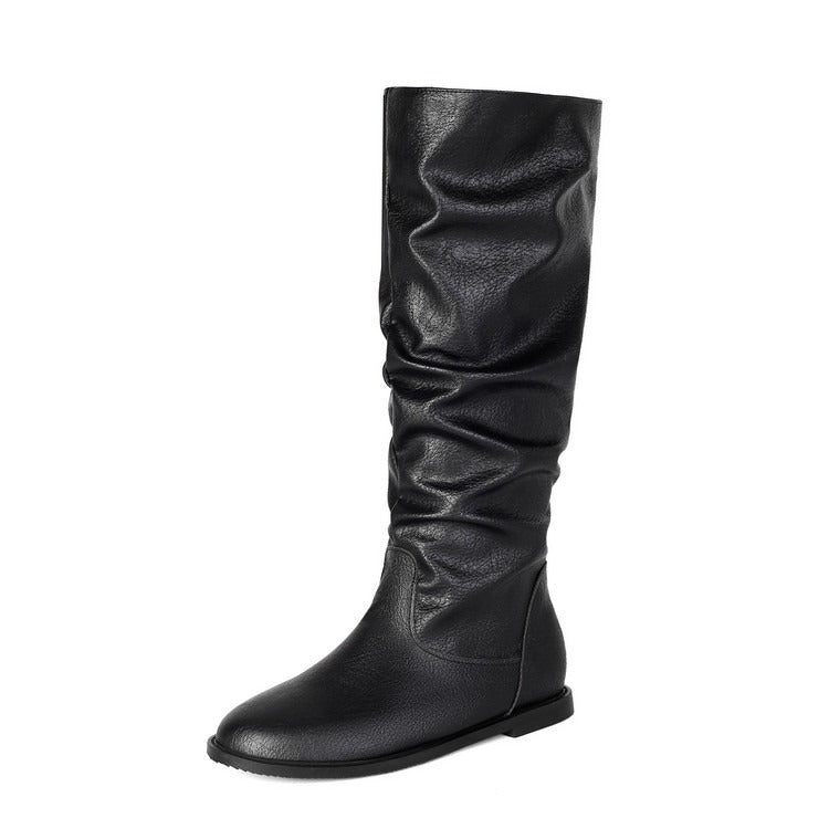Women's Flat Knee High Boots Slouchy Faux Leather Boots - Styeenigma