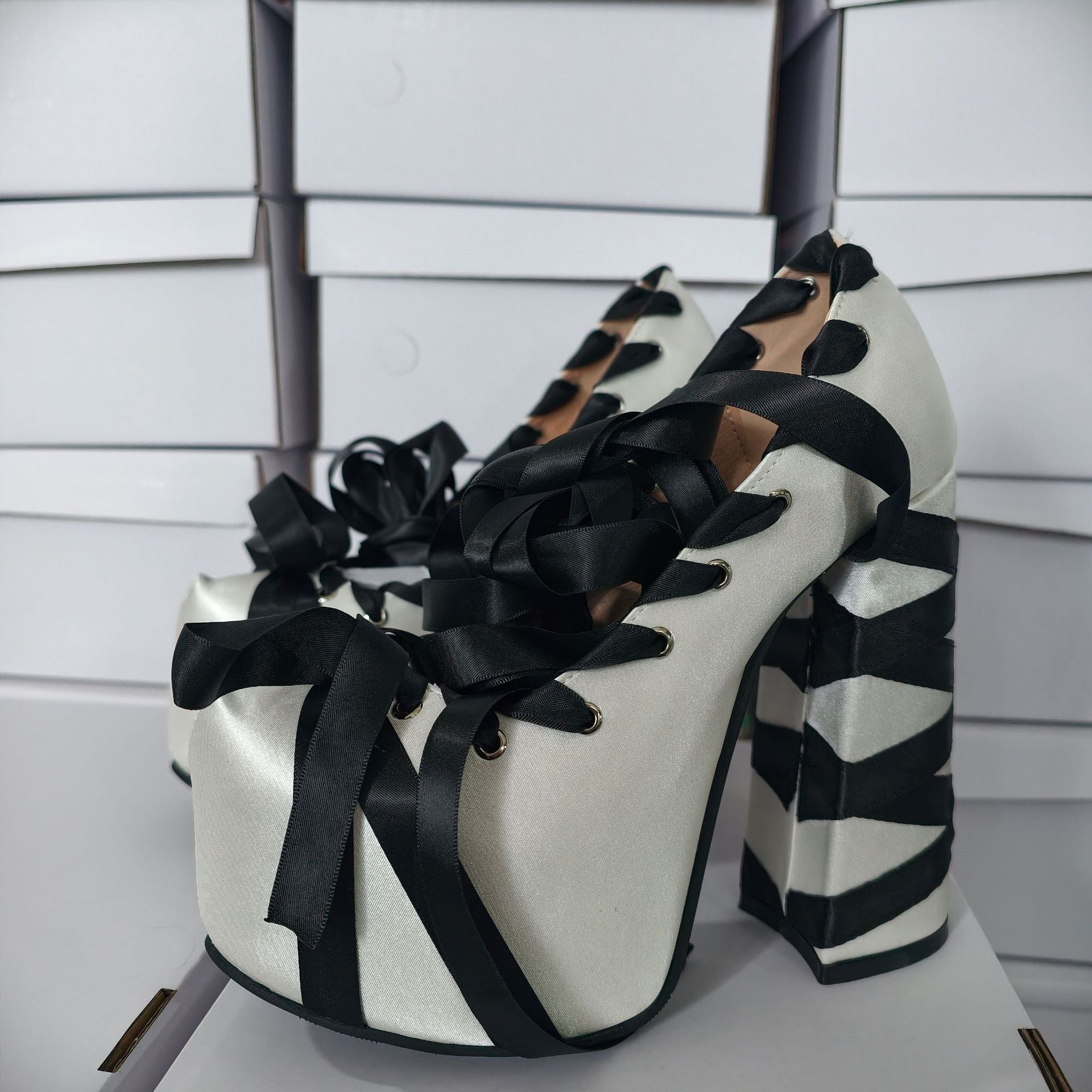 Women's Gothic Lace Up Platform Sandals - Extreme High Thick Sole Stiletto Heels with Bow Tie Up Strap Cosplay Costume Party Shoes - Styeenigma
