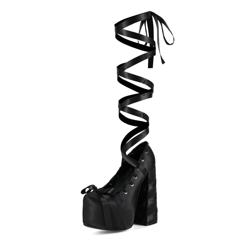 Women's Gothic Lace Up Platform Sandals - Extreme High Thick Sole Stiletto Heels with Bow Tie Up Strap Cosplay Costume Party Shoes - Styeenigma