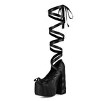 Women's Gothic Lace Up Platform Sandals - Extreme High Thick Sole Stiletto Heels with Bow Tie Up Strap Cosplay Costume Party Shoes - Styeenigma