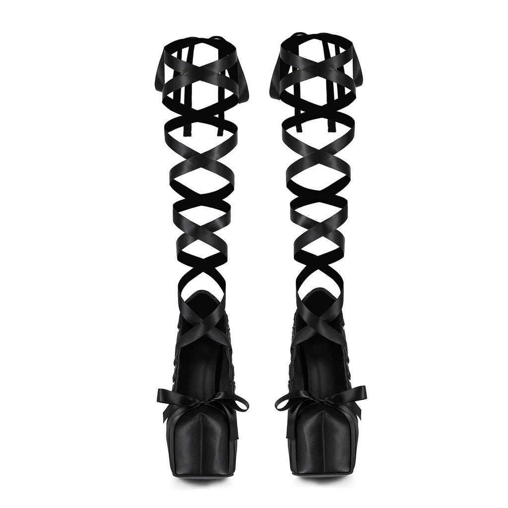 Women's Gothic Lace Up Platform Sandals - Extreme High Thick Sole Stiletto Heels with Bow Tie Up Strap Cosplay Costume Party Shoes - Styeenigma