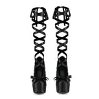 Women's Gothic Lace Up Platform Sandals - Extreme High Thick Sole Stiletto Heels with Bow Tie Up Strap Cosplay Costume Party Shoes - Styeenigma