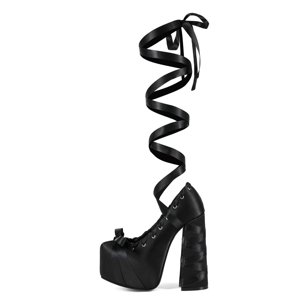 Women's Gothic Lace Up Platform Sandals - Extreme High Thick Sole Stiletto Heels with Bow Tie Up Strap Cosplay Costume Party Shoes - Styeenigma
