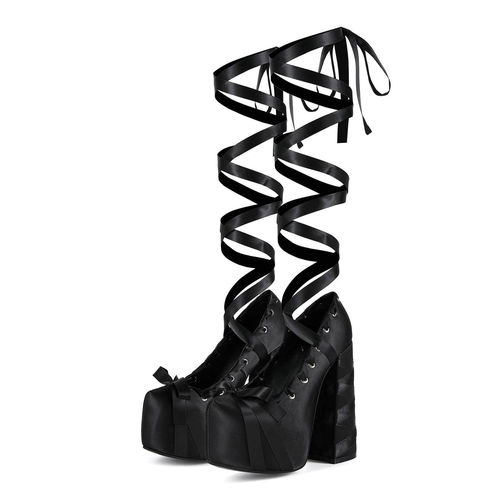 Women's Gothic Lace Up Platform Sandals - Extreme High Thick Sole Stiletto Heels with Bow Tie Up Strap Cosplay Costume Party Shoes - Styeenigma