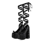 Women's Gothic Lace Up Platform Sandals - Extreme High Thick Sole Stiletto Heels with Bow Tie Up Strap Cosplay Costume Party Shoes - Styeenigma