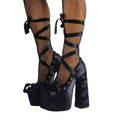 Women's Gothic Lace Up Platform Sandals - Extreme High Thick Sole Stiletto Heels with Bow Tie Up Strap Cosplay Costume Party Shoes - Styeenigma