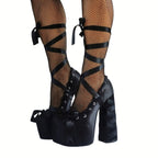 Women's Gothic Lace Up Platform Sandals - Extreme High Thick Sole Stiletto Heels with Bow Tie Up Strap Cosplay Costume Party Shoes - Styeenigma