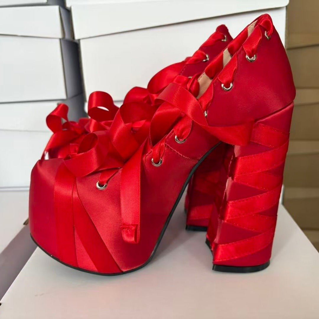 Women's Gothic Lace Up Platform Sandals - Extreme High Thick Sole Stiletto Heels with Bow Tie Up Strap Cosplay Costume Party Shoes - Styeenigma