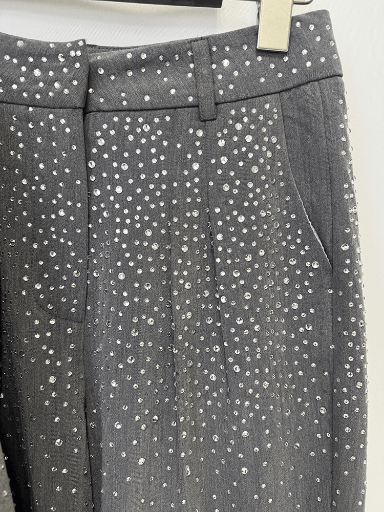 Women's Grey Sparkly Blazer Set - Rhinestone Embellished Suit with Wide Leg Pants for Evening Party - Styeenigma