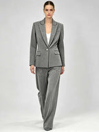 Women's Grey Sparkly Blazer Set - Rhinestone Embellished Suit with Wide Leg Pants for Evening Party - Styeenigma