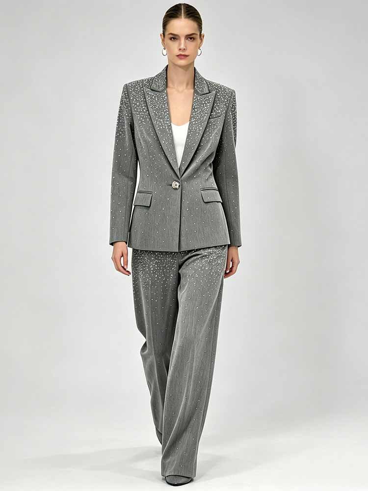 Women's Grey Sparkly Blazer Set - Rhinestone Embellished Suit with Wide Leg Pants for Evening Party - Styeenigma