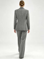 Women's Grey Sparkly Blazer Set - Rhinestone Embellished Suit with Wide Leg Pants for Evening Party - Styeenigma
