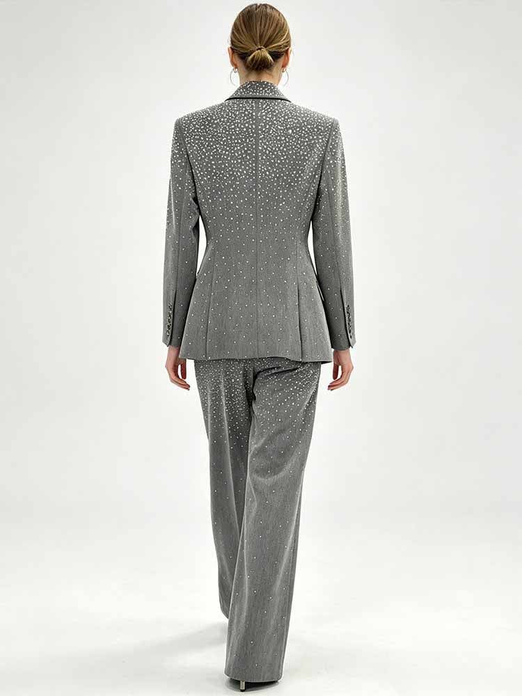 Women's Grey Sparkly Blazer Set - Rhinestone Embellished Suit with Wide Leg Pants for Evening Party - Styeenigma