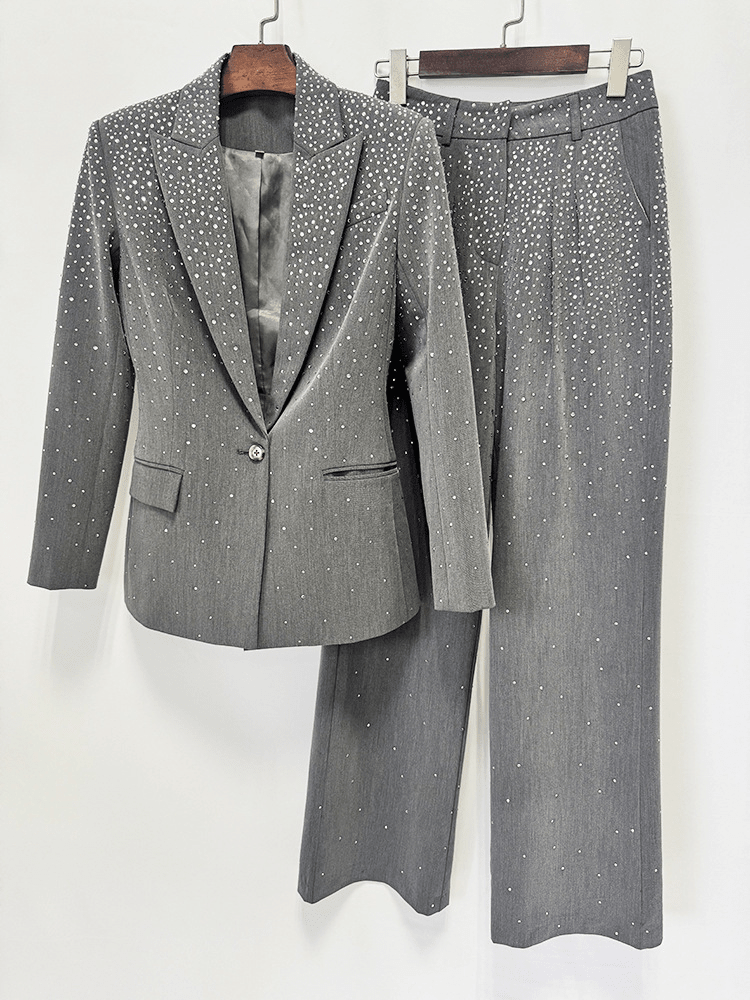 Women's Grey Sparkly Blazer Set - Rhinestone Embellished Suit with Wide Leg Pants for Evening Party - Styeenigma