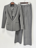 Women's Grey Sparkly Blazer Set - Rhinestone Embellished Suit with Wide Leg Pants for Evening Party - Styeenigma