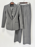 Women's Grey Sparkly Blazer Set - Rhinestone Embellished Suit with Wide Leg Pants for Evening Party - Styeenigma