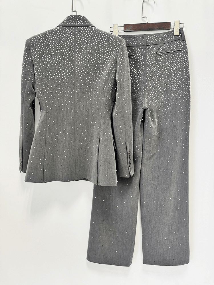 Women's Grey Sparkly Blazer Set - Rhinestone Embellished Suit with Wide Leg Pants for Evening Party - Styeenigma