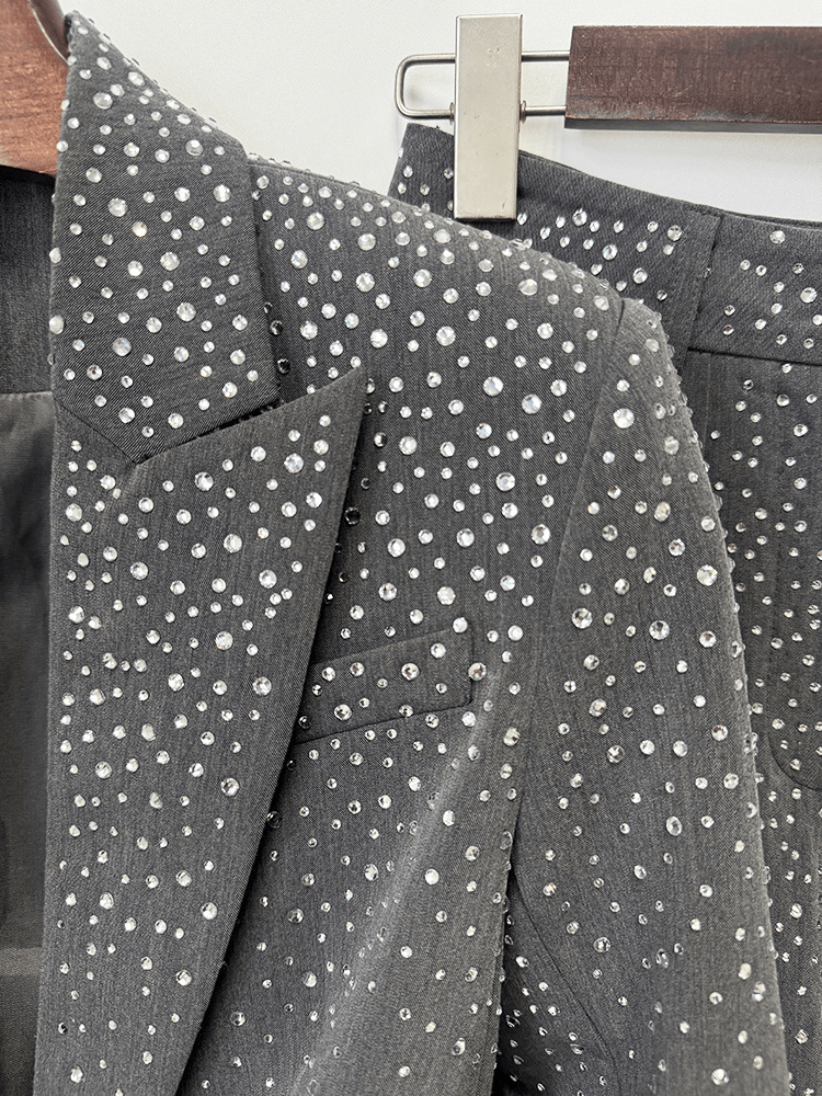 Women's Grey Sparkly Blazer Set - Rhinestone Embellished Suit with Wide Leg Pants for Evening Party - Styeenigma